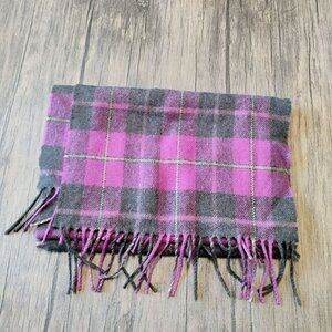 John Hanly Purple & Gray Plaid Wool Scarf w Fringe Merino Made In Ireland 65x11